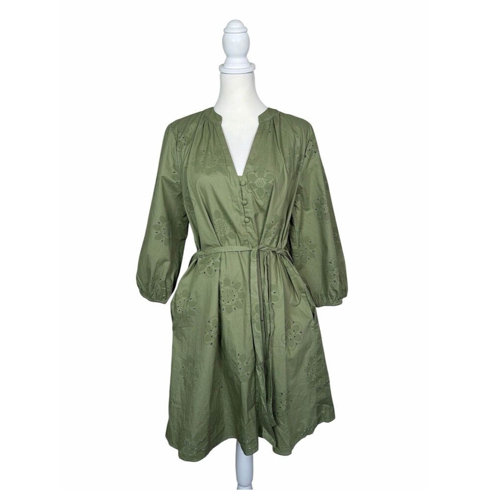 Cynthia Rowley Sage Green Embroidered Eyelet Tie Waist Dress Large Boho Earthy